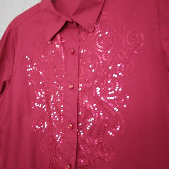Bob Mackie | Cotton Sequin Shirt Blouse Dark Red Button Front | Size L - Picture 4 of 9